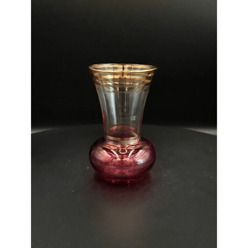 Pair Of Vintage Aperitif Luster Glass Vases Amber & Cranberry with Gold Trim MCM
